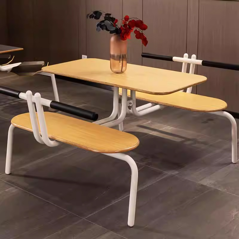 Modern 4-Seater Canteen Table and Bench Set1 Detailed view of fixed dining set featuring oval benches and wood-finished tabletop with white metal structure and black backrest bar
