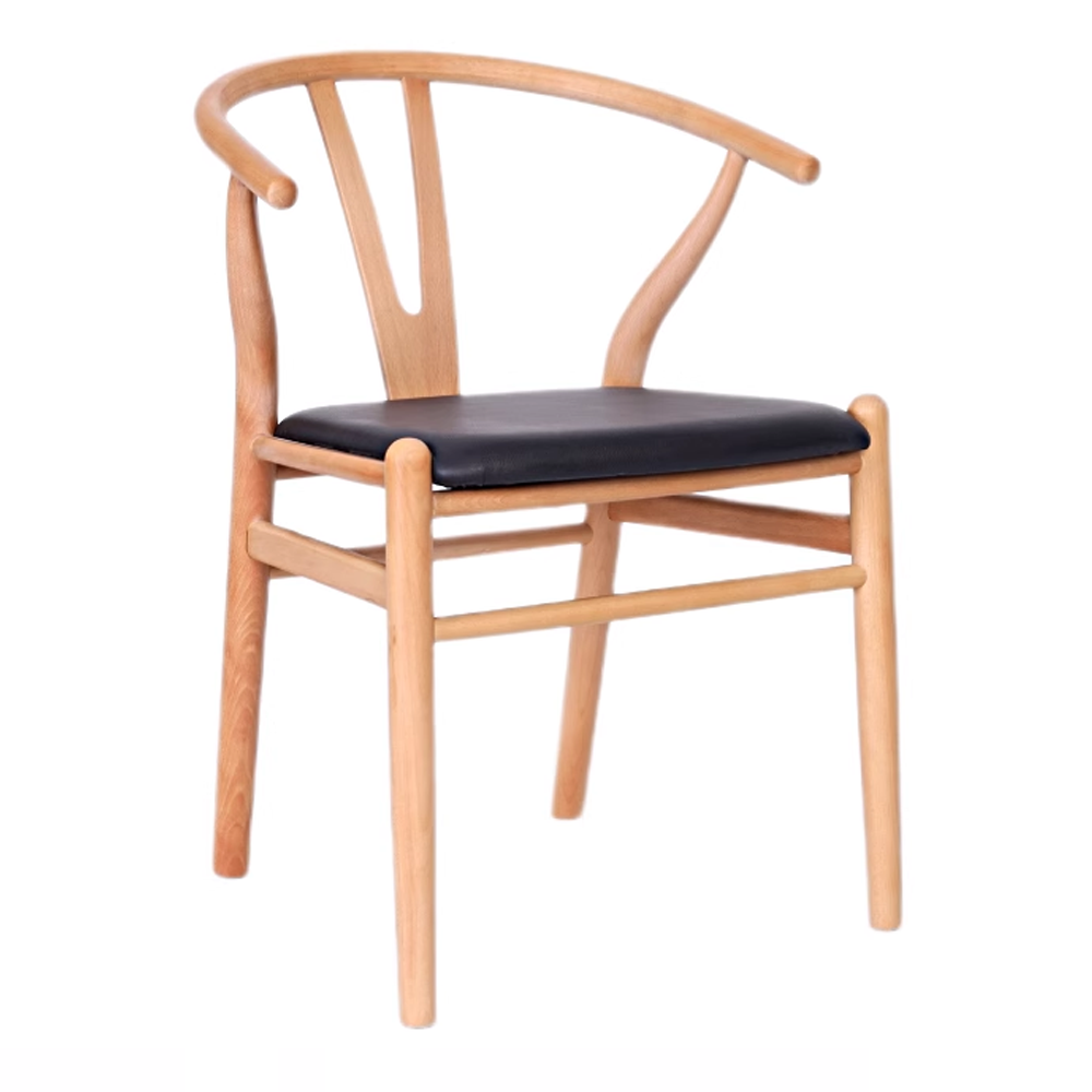 Wooden wishbone dining chair with black leather seat