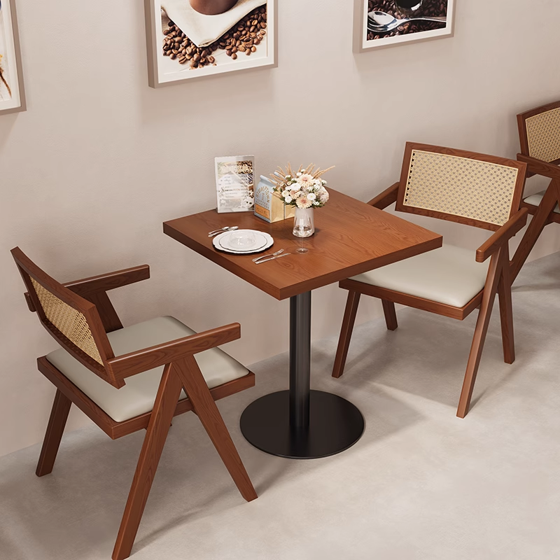 Wooden Cane Dining Chairs with Round Table in Café Style