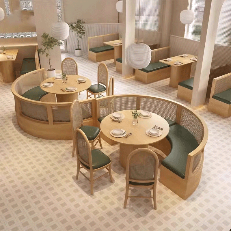 A modern dining booth with wooden frames, rattan backs, and green cushioned seating, creating a stylish and comfortable restaurant environment