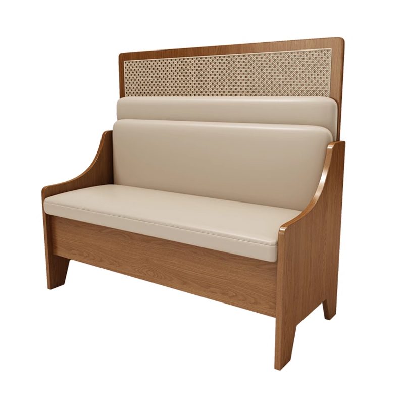 High Backrest Cream Cushions Restaurant Booth3 Rattan restaurant booth with beige cushions and wooden frame, featuring a simple and modern design