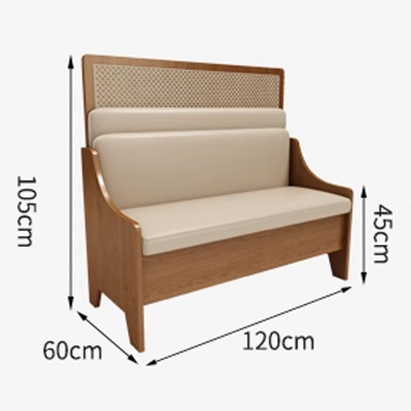 High Backrest Cream Cushions Restaurant Booth2 Rattan restaurant booth with beige cushions and wooden frame, dimensions: 105cm height, 120cm width, 60cm depth