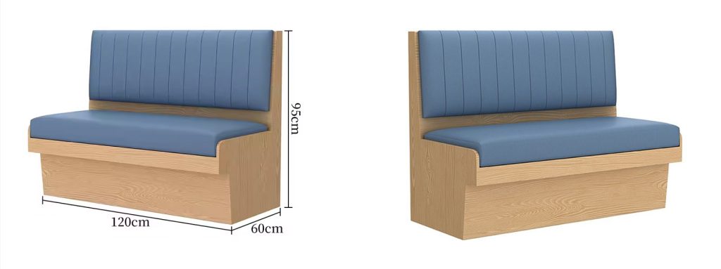 Classic Wood Veneer Restaurant Booth2 Blue leather booth seat with vertical stripes and size dimensions for restaurant use.