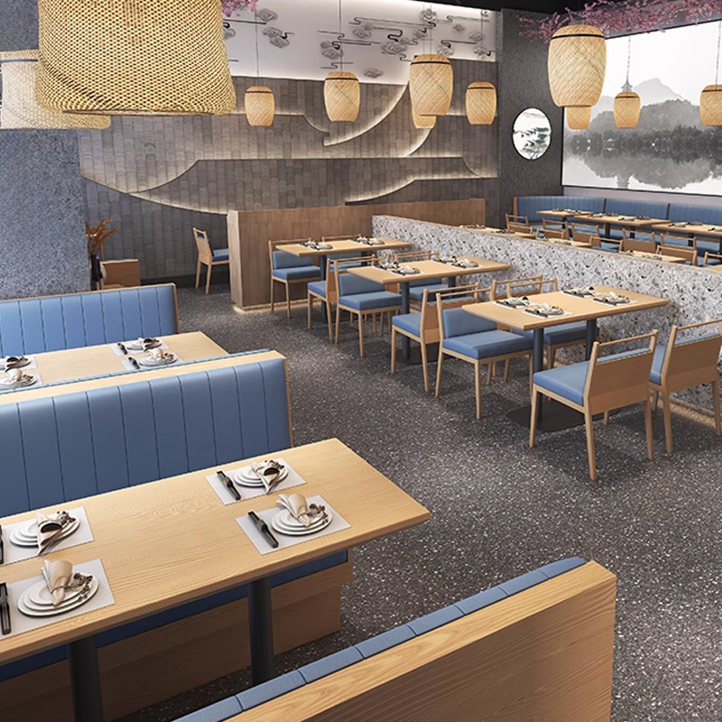 Classic Wood Veneer Restaurant Booth panoramic view of restaurant interior featuring blue leather booths and chairs with wooden dining tables