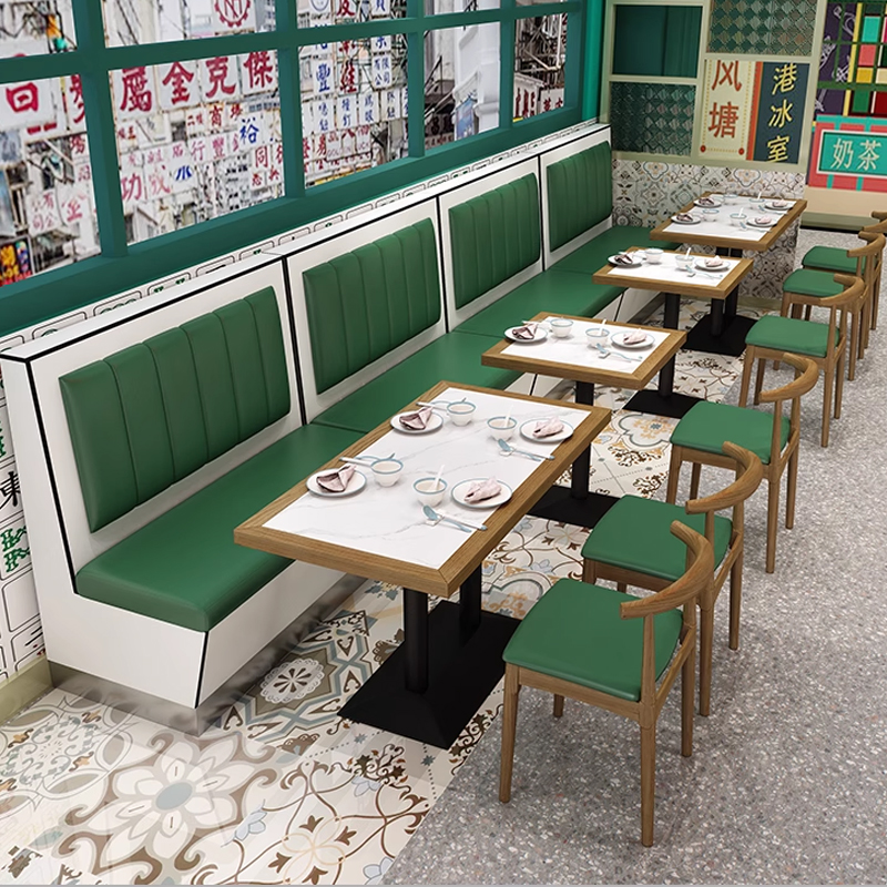 Classic Hong Kong-style Restaurant Booths Green and white restaurant booth seating with elegant design and dining tables, perfect for casual dining.