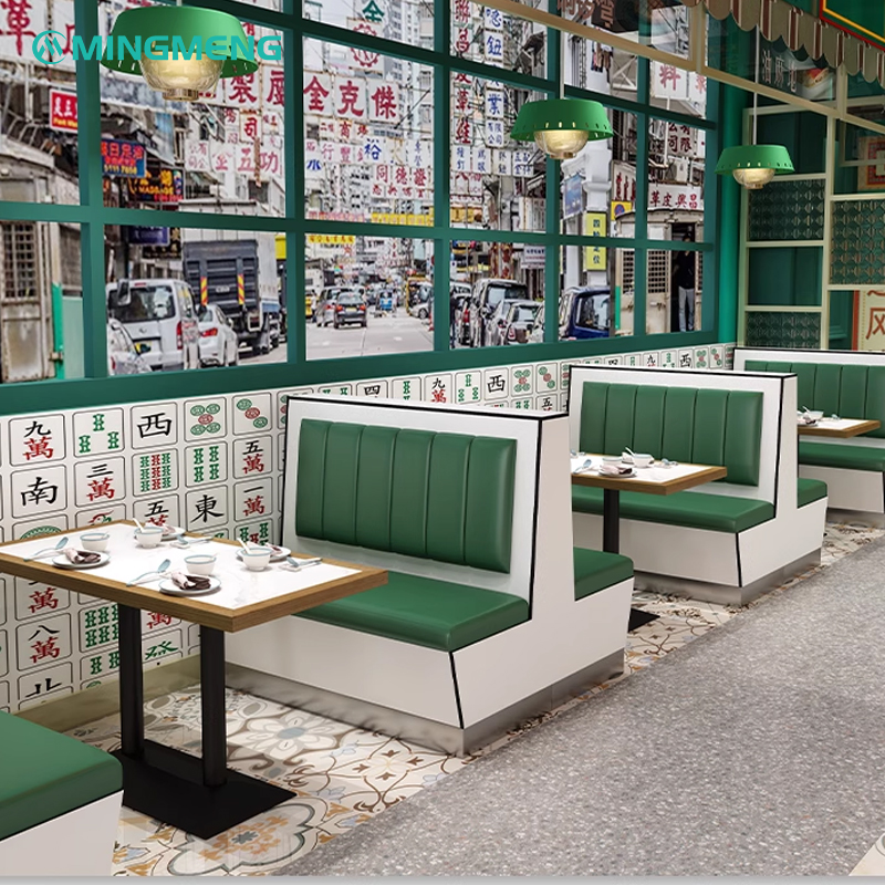 Green and white leather restaurant booth seating with modern style, perfect for stylish dining rooms.