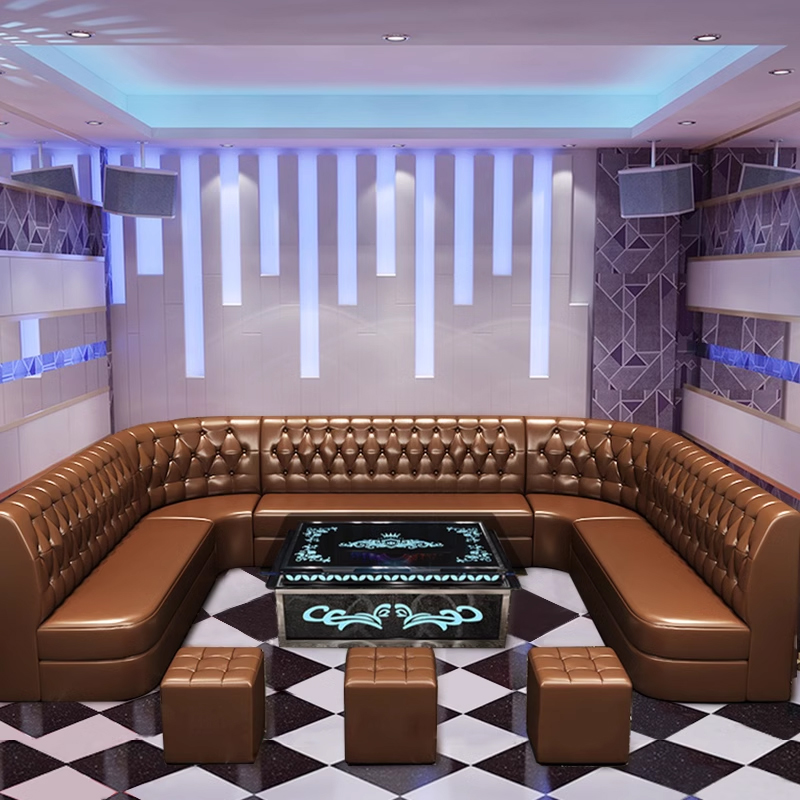 Modern LED Glass-Top KTV Table1 VIP KTV Table with Leather Booth Seating and Blue Backlight