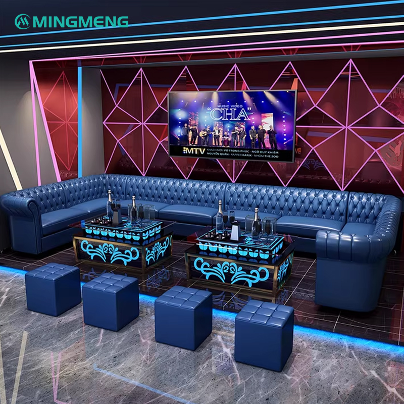 Luxury KTV tables in a private lounge with matching leather sofa set