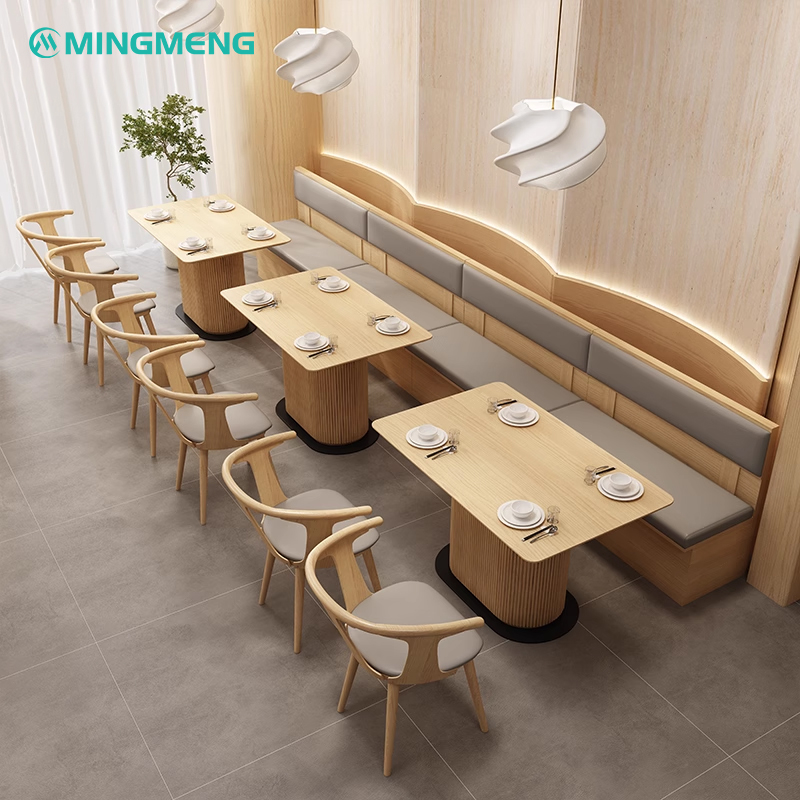 Light Wood Corner Booth Seating with Grey Leather Cushion for Modern Restaurants
