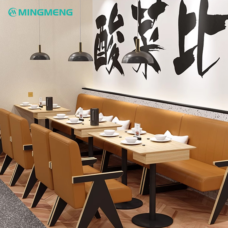 A-Frame Armrests Vertical-Stitched Faux Leather Booth1 modern leather restaurant booth bench with black armrests in tan color