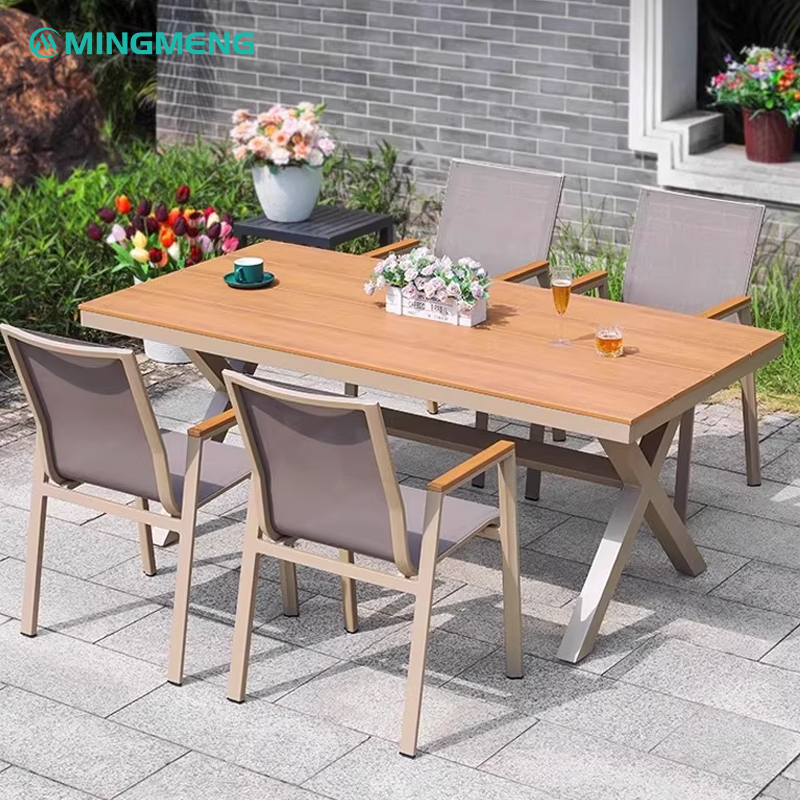 White Aluminum X-Legs Faux Teak Top Outdoor Table1 modern outdoor table with six chairs and flower centerpiece