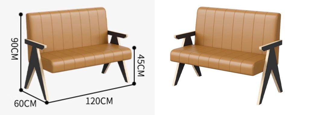 A-Frame Armrests Vertical-Stitched Faux Leather Booth2 tan leather restaurant booth with armrests and dimension labels
