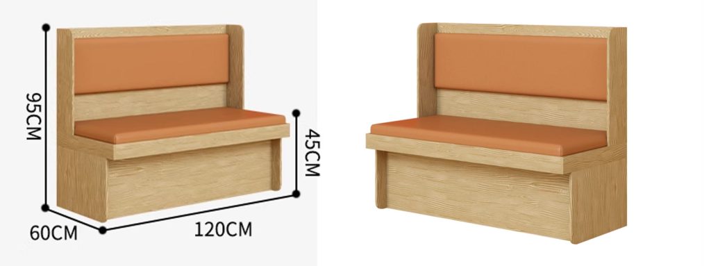 Modern Simple Cafe Benches Faux Leather Upholstered Booth2 Wooden dining booth with orange leather upholstery and dimensions of 120x60x95cm