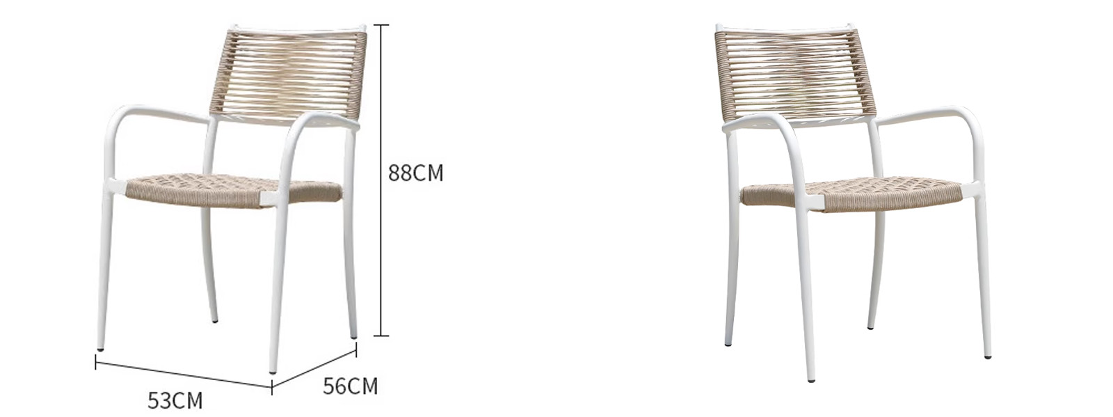 White Frame Outdoor Rattan Armchair2 Outdoor chair with beige rattan seat and white metal frame, shown with full dimensions