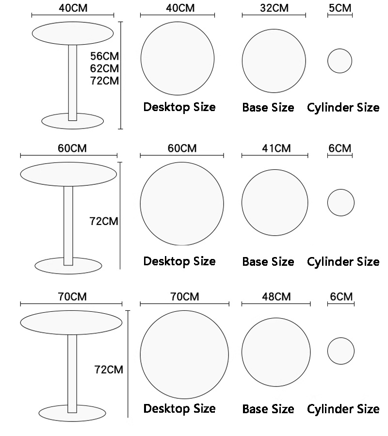 Outdoor Carbon Steel Round Table3 size chart for outdoor round pedestal tables with desktop, base and cylinder measurements