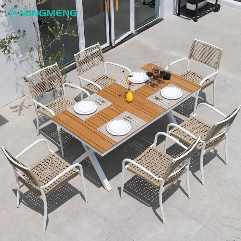 White Aluminum X-Legs Faux Teak Top Outdoor Table outdoor table dining set with six chairs in modern patio
