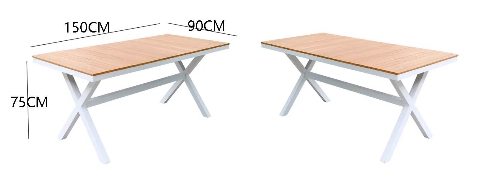 White Aluminum X-Legs Faux Teak Top Outdoor Table2 dimensioned outdoor table with wooden top and metal base
