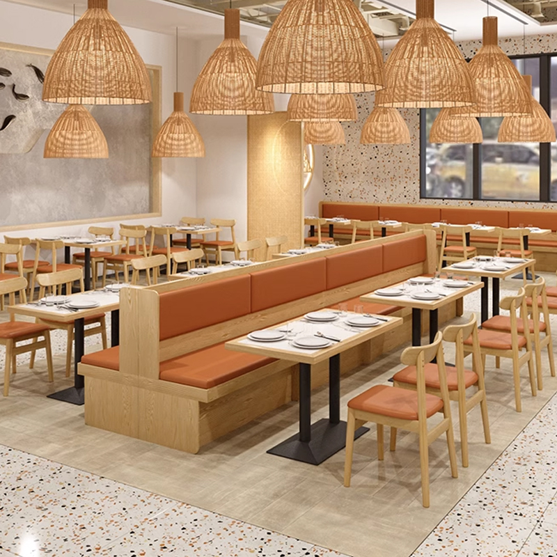 Modern Simple Cafe Benches Faux Leather Upholstered Booth restaurant dining set with orange seat booth and wooden chairs under woven pendant lights