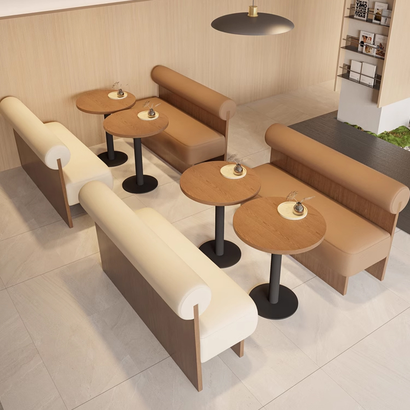Leather Cylinder Backrest Restaurant Booth Restaurant booth with rounded back cushions and wooden legs, ideal for modern cafes and restaurants