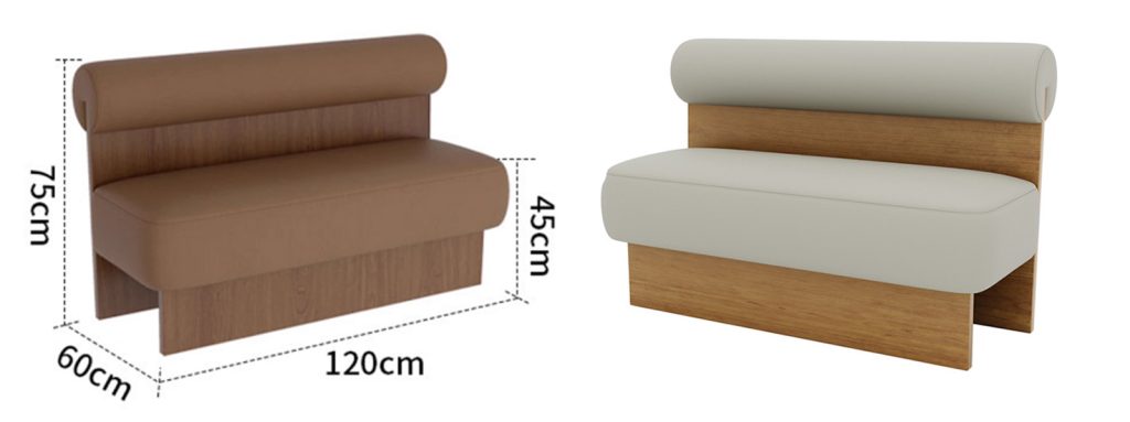 Leather Cylinder Backrest Restaurant Booth2 Stylish restaurant booth with brown and cream upholstery, dimensions 120cm x 60cm x 75cm.