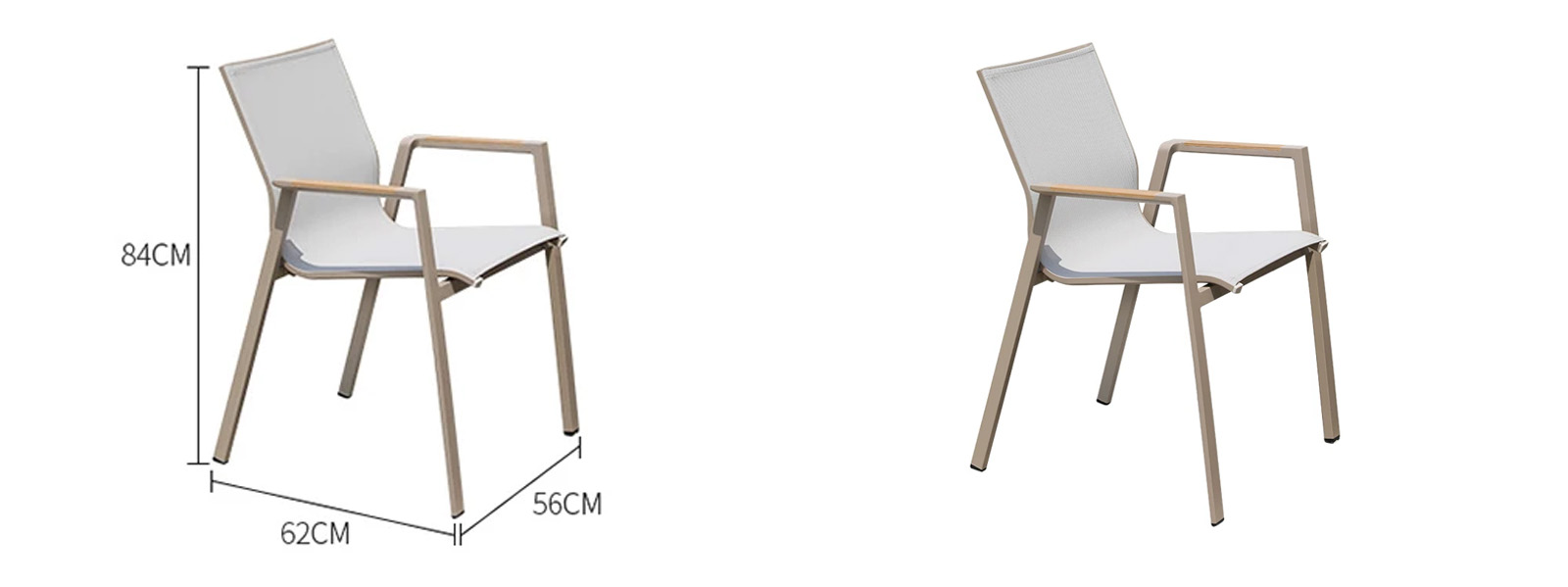 Modern Outdoor Textilene Dining Chair With Breathable Sling Seat2 side view of textilene outdoor dining chair with beige aluminum frame and armrests, shown with dimensions