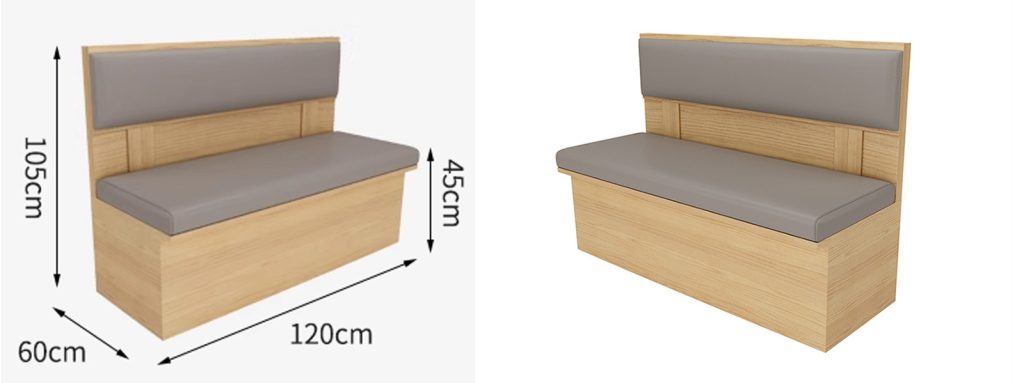 Grey Leather Cushion Minimalist Restaurant Wooden Booth2 Wooden booth with gray cushion, dimensions 120x60cm, and detailed design, perfect for restaurant use.