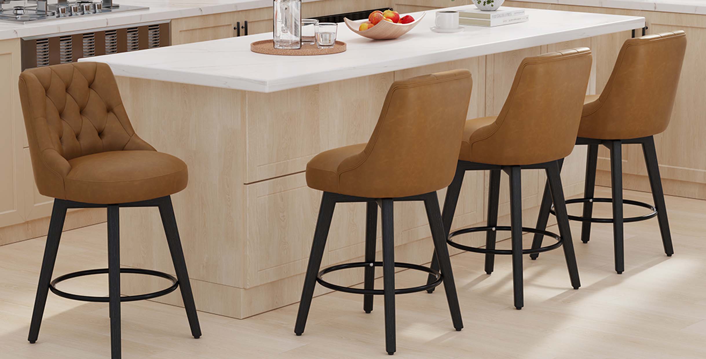 Brown leather upholstered bar stools with high backs and black wood legs placed at a modern kitchen island.