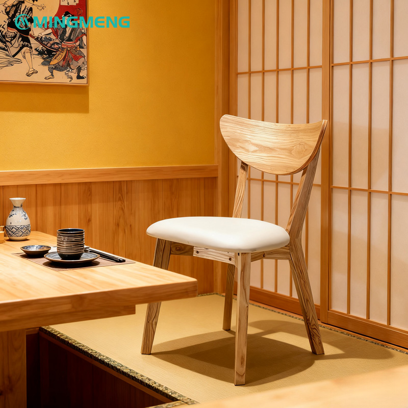 Minimalist Japanese style wooden restaurant chair with natural finish and white cushion
