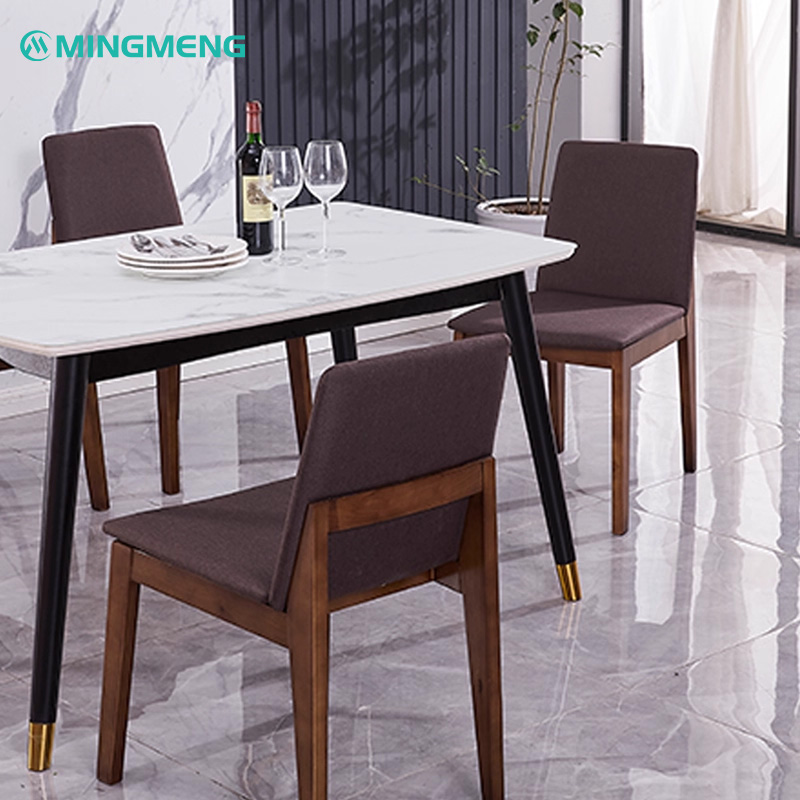 Modern Solid Wood Chair – Purple Upholstered Seat with Clean Lines3 Mingmeng marble dining table with black legs and golden tips, paired with brown upholstered wooden chairs, ideal restaurant furniture set.