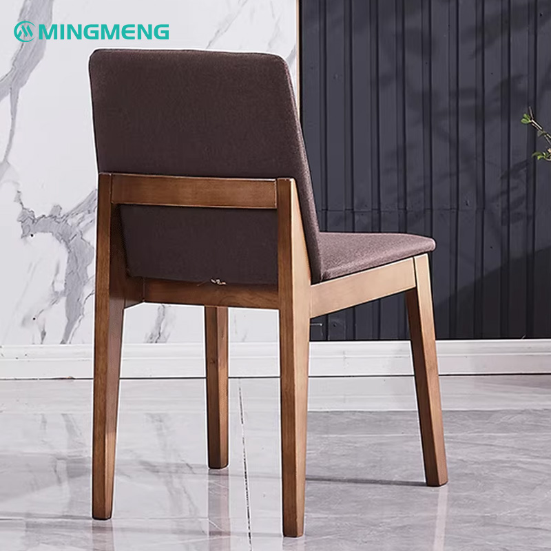 Modern Solid Wood Chair – Purple Upholstered Seat with Clean Lines2 Back view of Mingmeng restaurant chair with solid wooden frame and brown fabric upholstery, modern and durable dining seating.