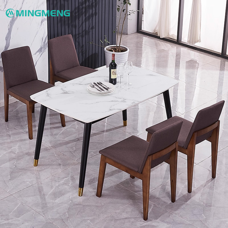 Modern Solid Wood Chair – Purple Upholstered Seat with Clean Lines Mingmeng restaurant furniture set featuring a white marble dining table with black legs and brown upholstered wooden chairs, ideal for modern dining spaces