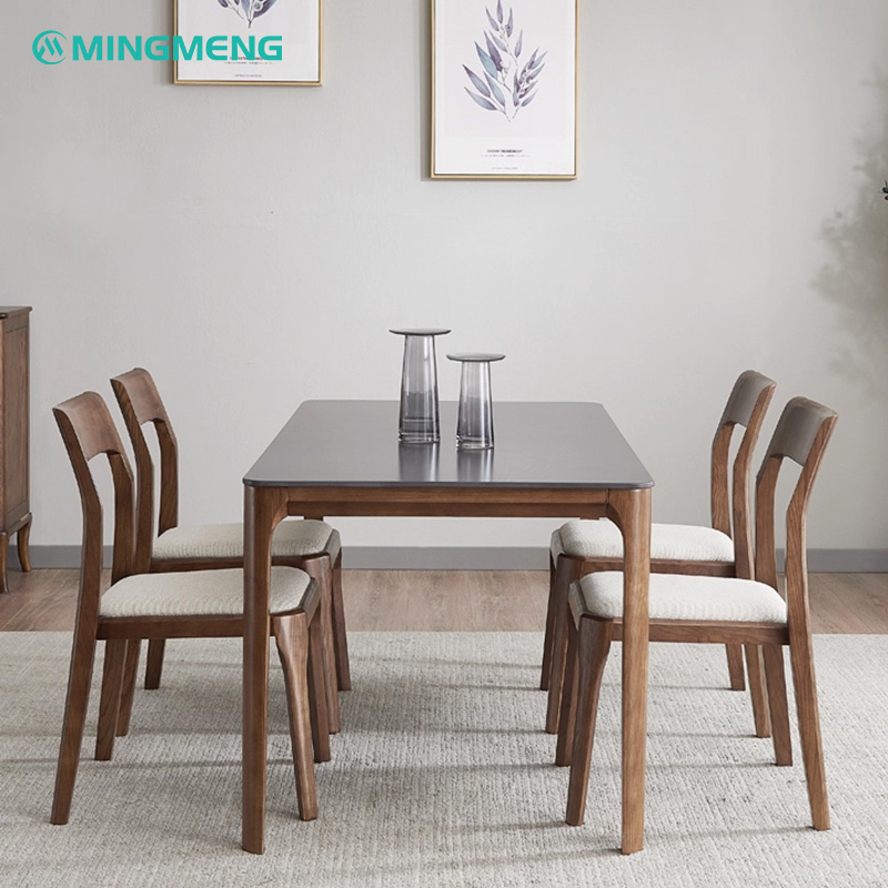 Dark Wood Frame with Grey Cotton-Linen Upholstered Restaurant Chair3 Dining room setup with rectangular wooden dining table and six fabric upholstered wooden chairs in modern minimalist style