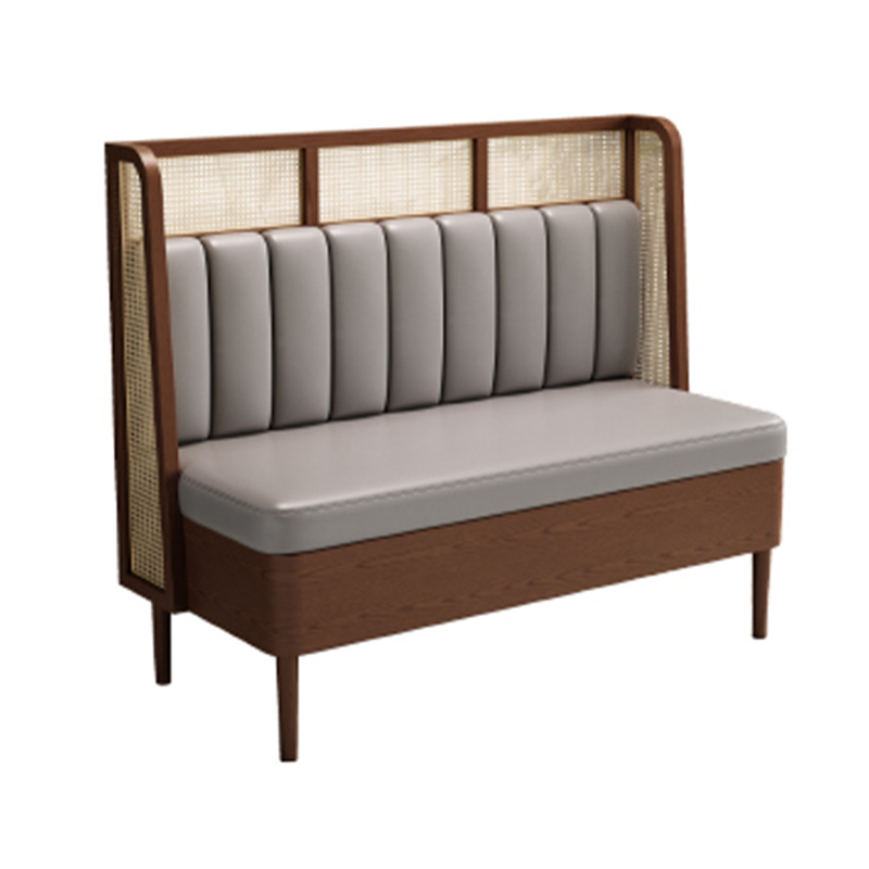 Custom Restaurant Booth – Dark Wood Frame with Beige Leather Seat & Rattan Backrest