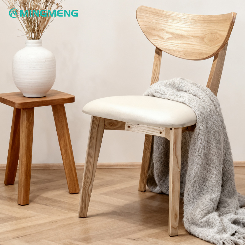 Light Wood Frame with Curved Backrest Restaurant Chair1 Contemporary wooden restaurant chair with natural wood frame and soft white seat cushion