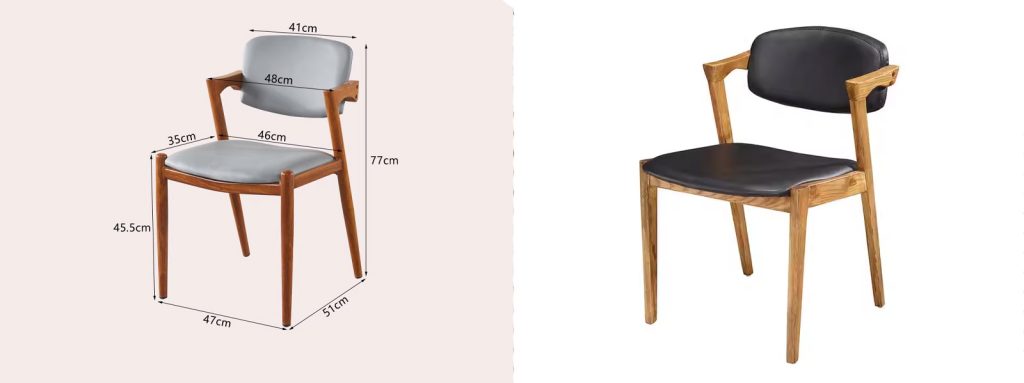 Nordic Modern Z-Shaped Dining Chair4 Nordic modern Z-shaped dining chair with solid wood frame and PU leather seat shown with detailed dimensions in cm