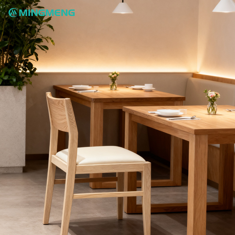 Nordic Solid Wood Restaurant Chair – Square Frame with White Leather Upholstered Seat Nordic style solid wood restaurant chair with white leather seat in modern dining room setting