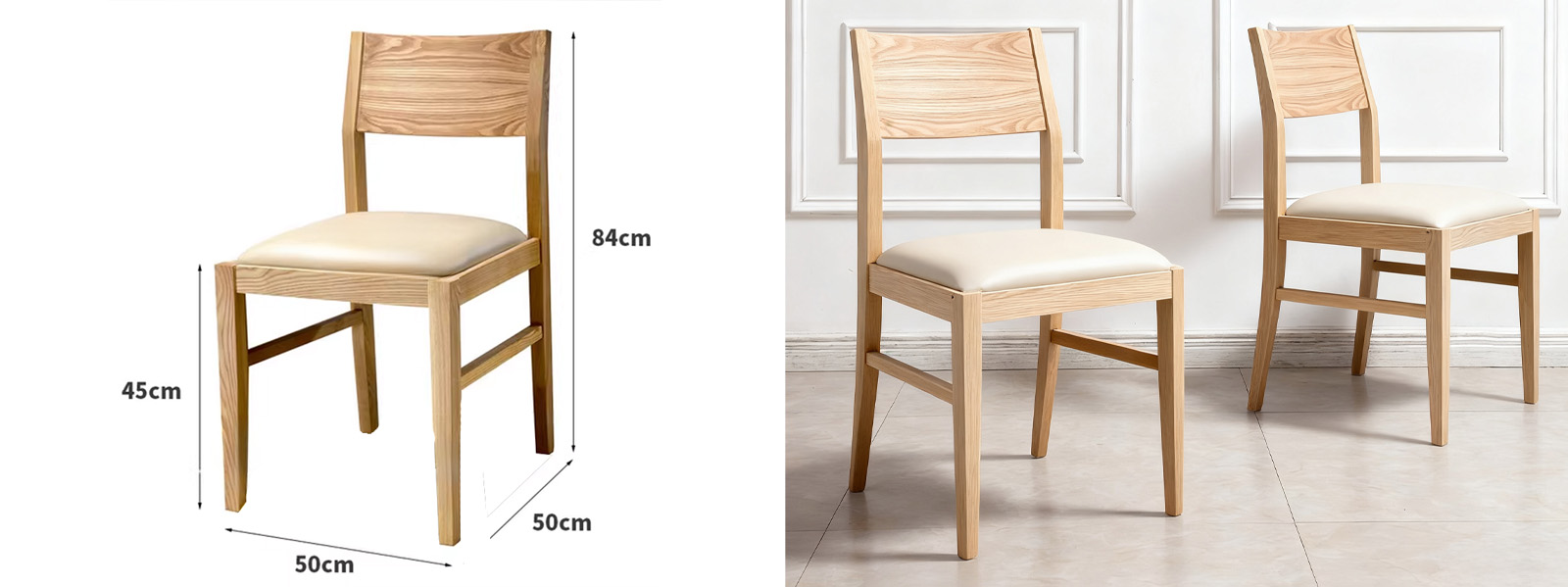 Nordic Solid Wood Restaurant Chair – Square Frame with White Leather Upholstered Seat4 Nordic solid wood restaurant chair with white leather seat, dimensions 50×50×84cm, modern dining furniture