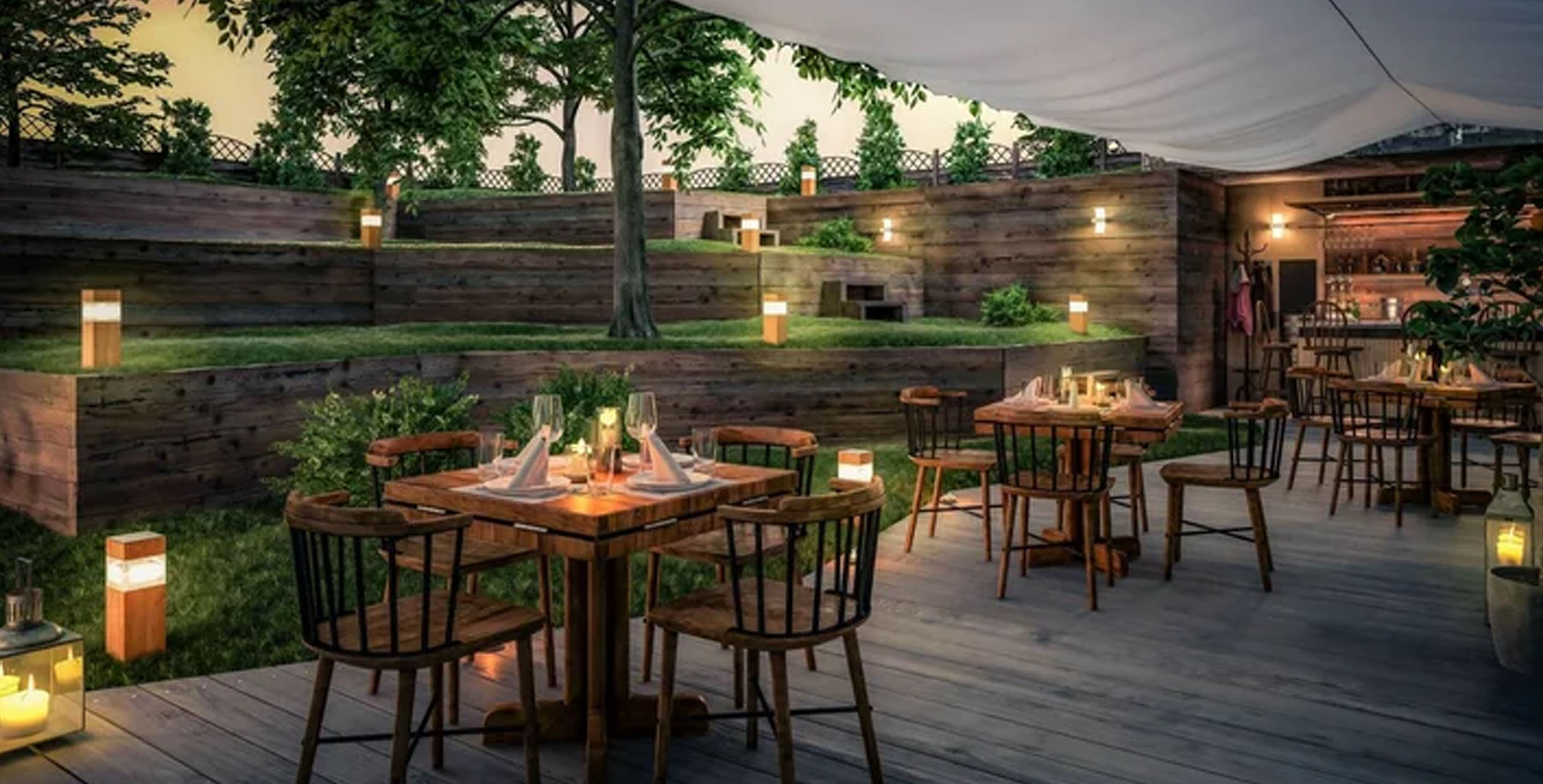Cozy outdoor dining area with wooden tables, chairs, and lighting, perfect for restaurants or cafes