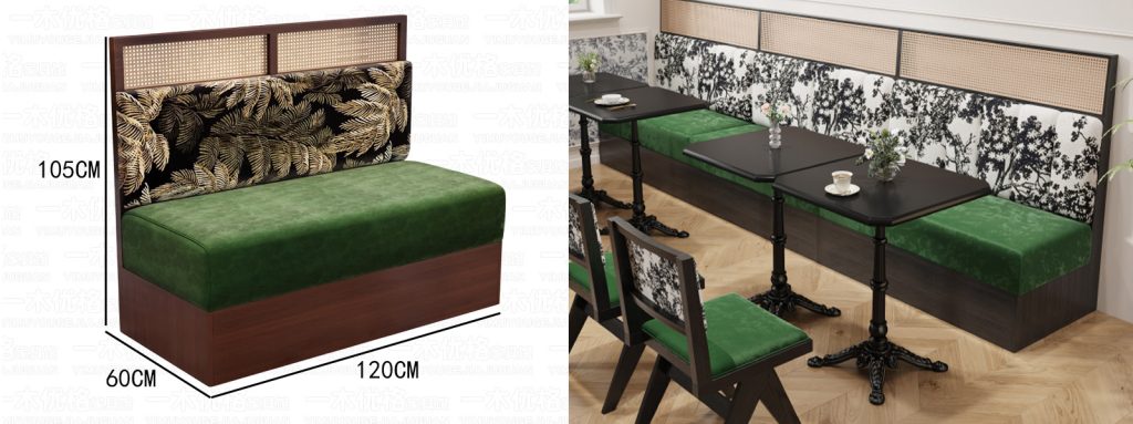 Restaurant booth with green cushion and patterned backrest, shown with size dimensions (120CM x 60CM x 105CM) and cafe dining setup.