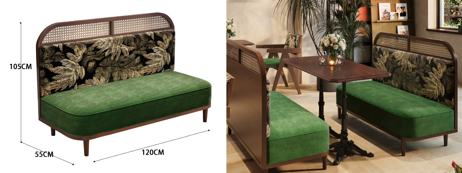 Retro Masson Pine Fabric Restaurant Booth4 Elegant restaurant booth featuring green cushions and a floral backrest design, perfect for cozy and stylish dining spaces.