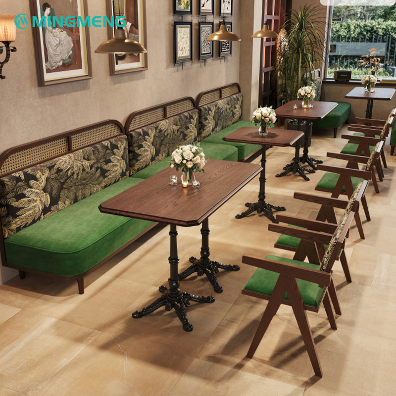 Retro Masson Pine Fabric Restaurant Booth Stylish restaurant booth with green velvet cushions and wooden tables, offering a cozy and elegant dining atmosphere.