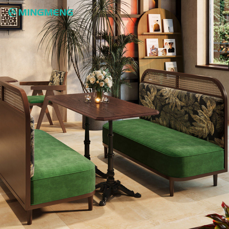 Retro Masson Pine Fabric Restaurant Booth2 Elegant restaurant booth with green velvet cushion and floral backrest, ideal for dining spaces