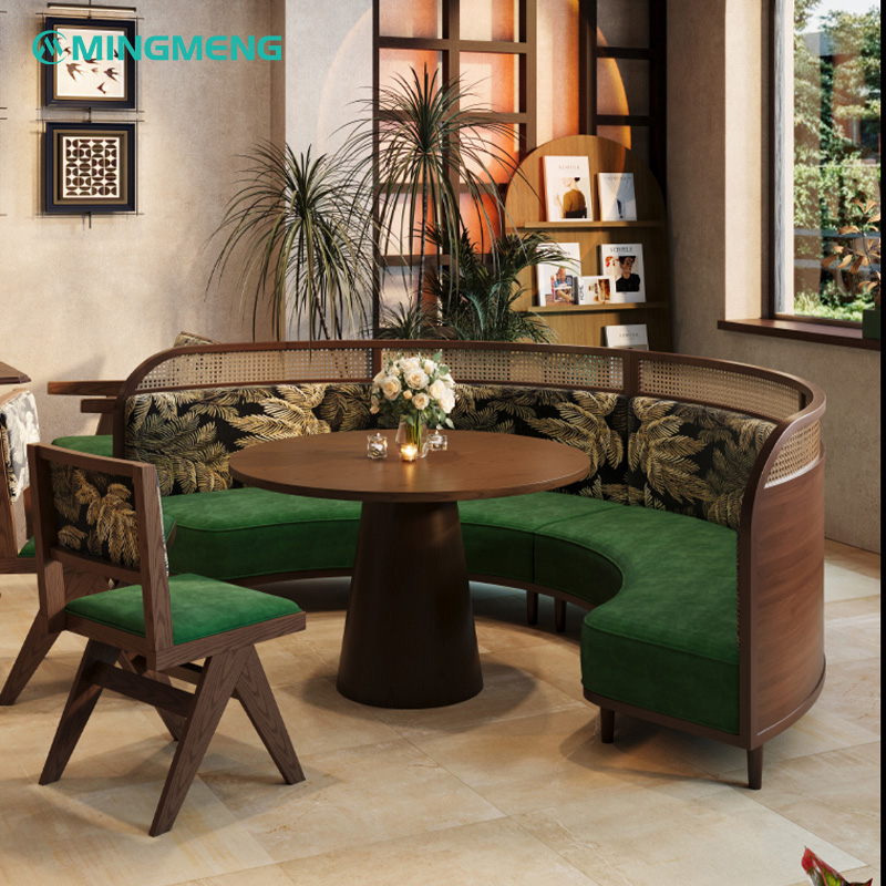 Retro Masson Pine Fabric Restaurant Booth3 Cozy restaurant booth with round table and green velvet cushion backrest, perfect for modern dining