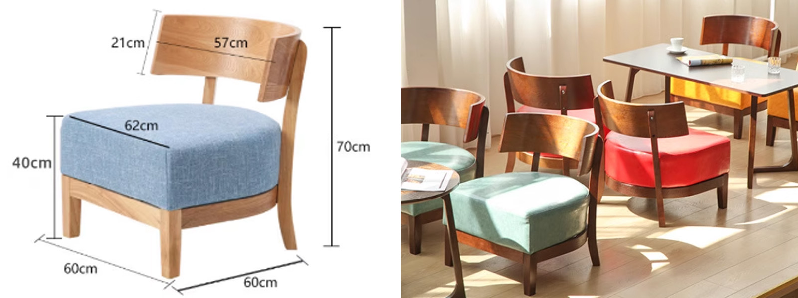 Nordic Solid Wood Lounge Chair4 Restaurant chair with solid wooden frame and upholstered cushion, available in blue, green, and red, shown with detailed size dimensions and dining setup