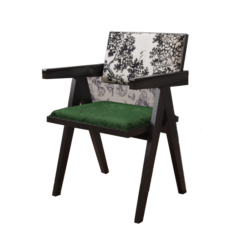 Artistic Restaurant Chair – Black Wood Frame with Green Velvet Seat & Patterned Backrest
