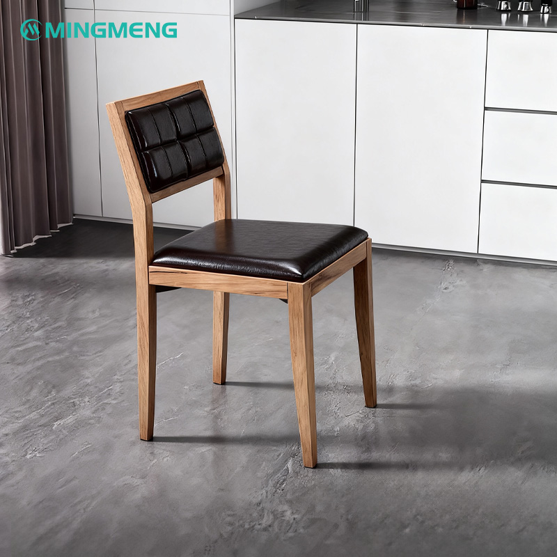 Retro Restaurant Chair with Dark Brown Leather Seat & Segmented Backrest3 Stylish restaurant chair with natural wood frame, cushioned backrest, and black leather seat