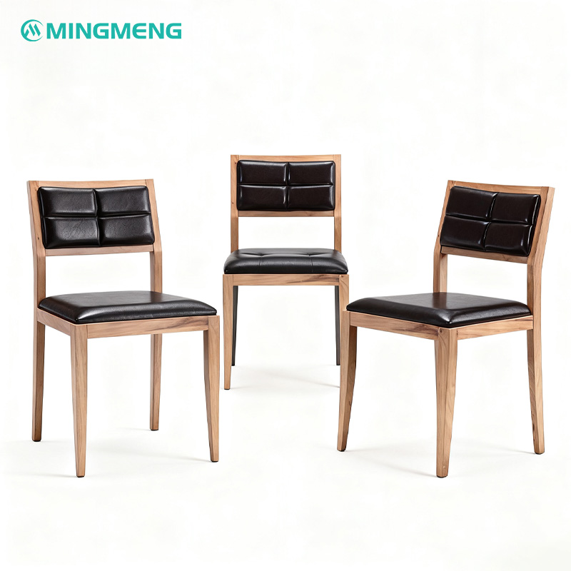 Retro Restaurant Chair with Dark Brown Leather Seat & Segmented Backrest1 Contemporary restaurant chair with wooden frame, black leather seat, and padded backrest