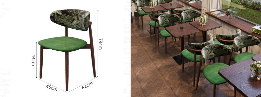 Retro Horn Chair – Chenille Jacquard Backrest with Green Fabric Seat2 Retro horn restaurant chair with green upholstered seat and tropical patterned backrest, size 79x45x42cm, shown with wooden dining tables in a modern café.