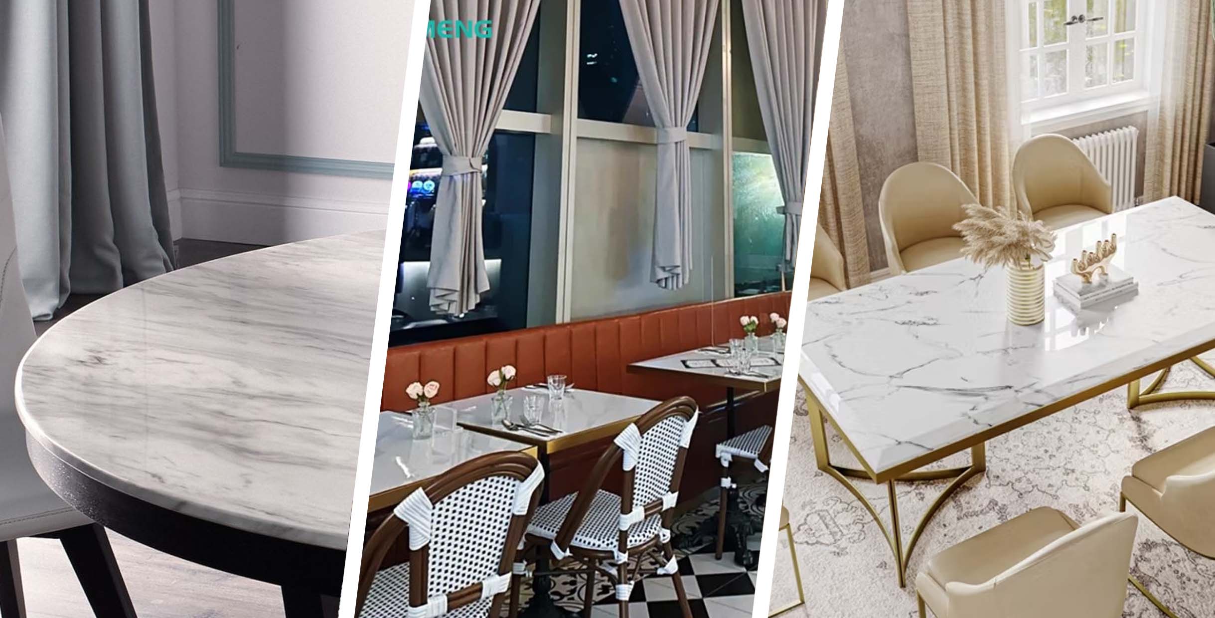 Side-by-side collage showing round, rectangular, and square marble tables in different interior settings, highlighting modern dining and restaurant furniture styles.