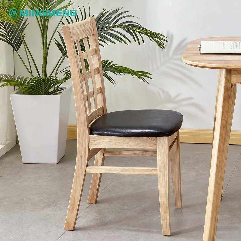 Solid Wood Chair with Lattice Back Design & Black Leather Seat3 Solid wood dining chair with lattice backrest and cushioned black leather seat, perfect for restaurants and cafes